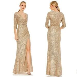 Mac Duggal Gold SEQUINED DRAPED 3/4 SLEEVE Formal GOWN Dress NWT SZ 16‎